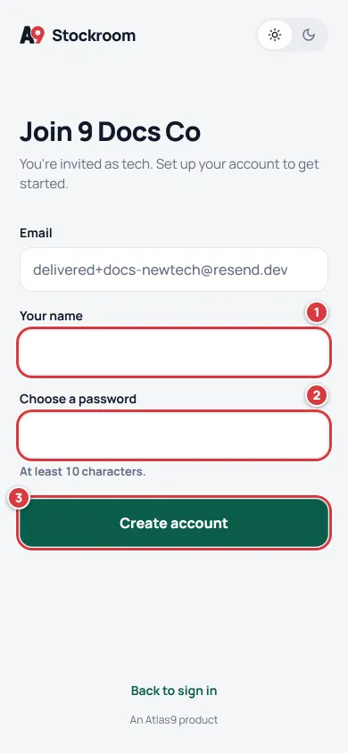 The page an invited person lands on: their email, Your name, Choose a password and Create account.