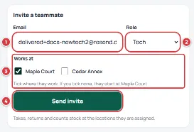 The invite card filled in for a tech: email, role, the locations and Send invite, numbered one to four.
