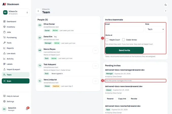 The Team screen as a manager sees it, with the note that only the owner manages a manager's invite.