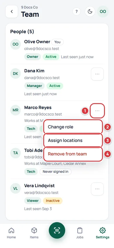 A tech's menu open, showing Change role, Assign locations and Remove from team.