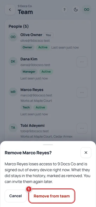 The question that opens before someone is removed, with Remove from team and Cancel.