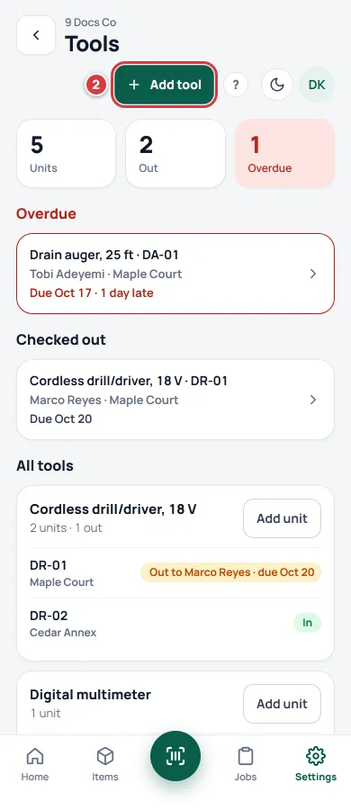 The Tools screen for a manager. The Add tool button is marked 2.
