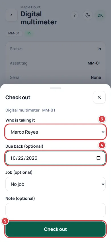 The Check out sheet for a manager. Who is taking it is marked 3, Due back is marked 4 and the Check out button is marked 5.