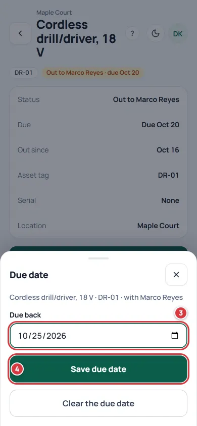 The Due date sheet. Due back is marked 3 and Save due date is marked 4.