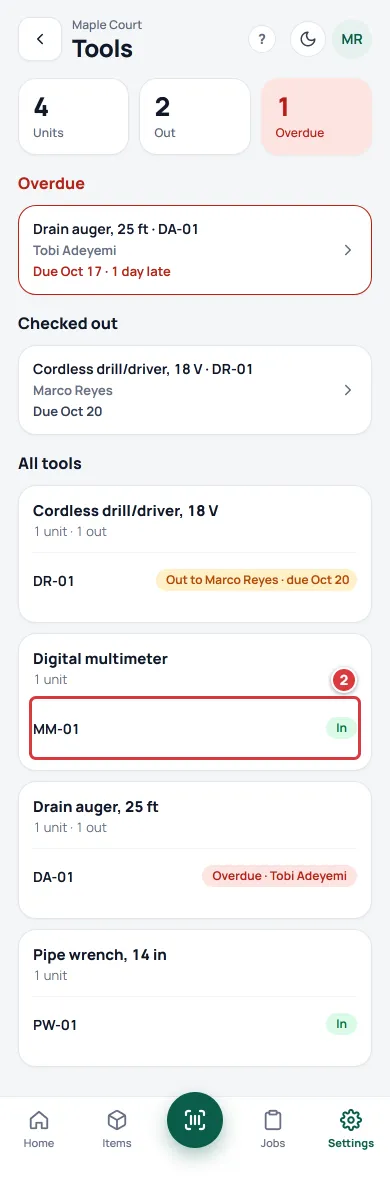 The Tools screen on a phone with the Digital multimeter unit MM-01 marked 2.