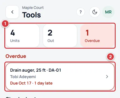 The top of the Tools screen on a phone with the three numbers marked 1 and the Overdue list marked 2.