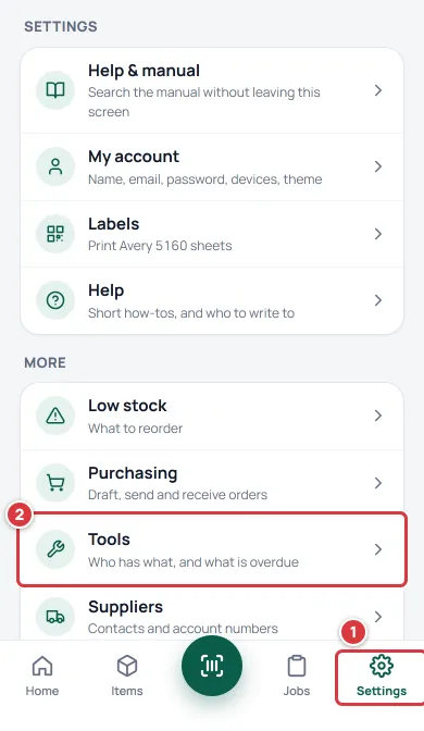 The Settings screen on a phone. The Settings tab is marked 1 and the Tools row is marked 2.