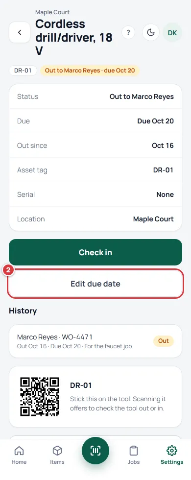 A tool that is out, seen by a manager. The Edit due date button is marked 2.