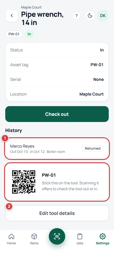 A tool's page, scrolled down. The History row is marked 1 and the QR label card is marked 2.