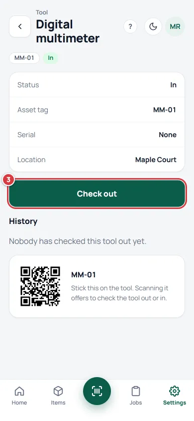 A tool unit's page with the Check out button marked 3.