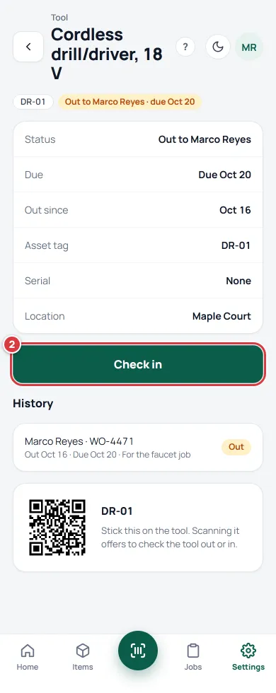 A tool that is out to Marco Reyes. The Check in button is marked 2.