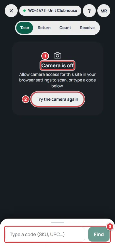 The Scan screen with the message Camera is off, a Try the camera again button marked 2 and the Type a code box marked 3.