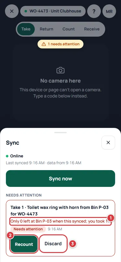 The Sync sheet with a change under Needs attention. The reason is marked 1 and the Recount and Discard buttons are marked 2 and 3.