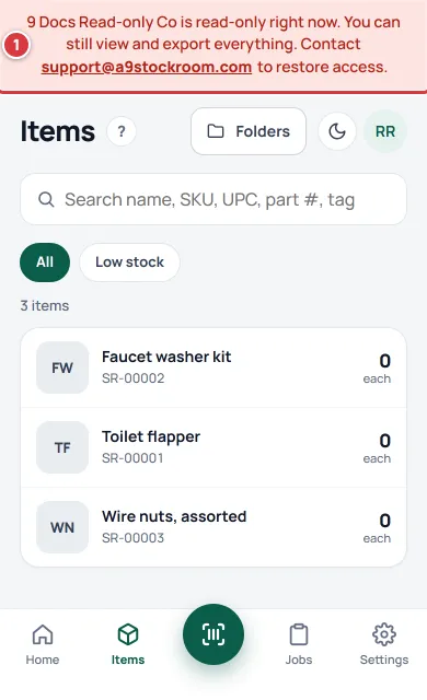 A red banner across the top of the screen: the company is read-only right now. You can still view and export everything.