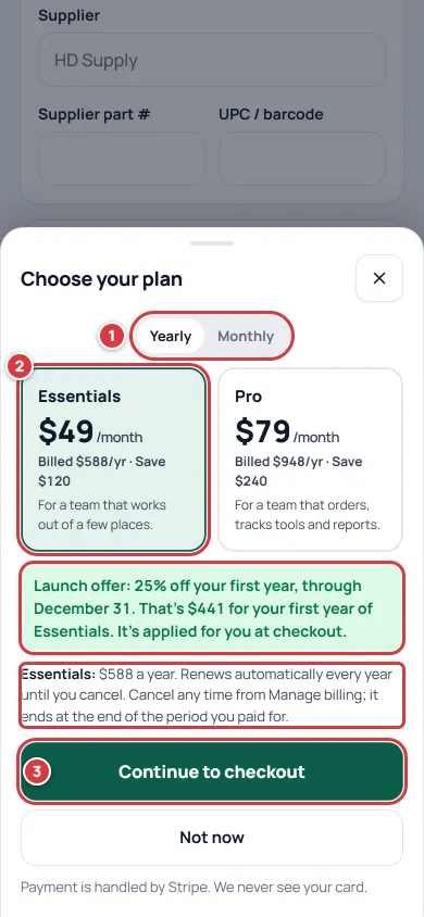The Choose your plan sheet on a phone: Yearly and Monthly (1), Essentials selected (2), the launch offer line and the auto-renewal line outlined, and Continue to checkout (3).