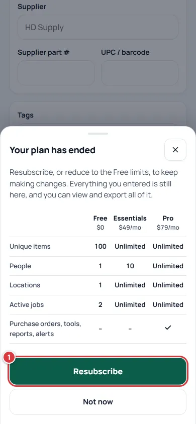 The box that opens when a change is tried: Your plan has ended, the three plans, and Resubscribe marked 1.