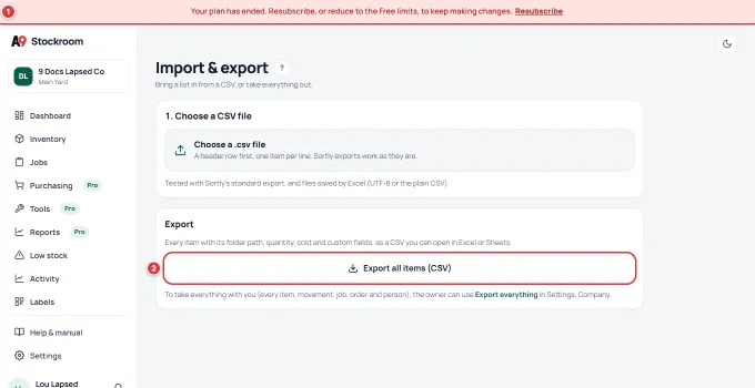 The Import and export screen of a company whose plan has ended: the red banner (1) and Export all items (CSV) (2).