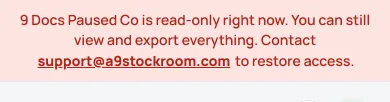 The red banner for a paused company: it is read-only right now, you can still view and export everything.