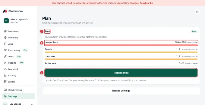 The Plan screen after a plan ended: Free (1), Unique items over the plan (2) and Resubscribe (3).