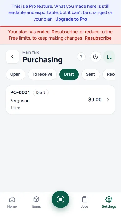 The Purchasing screen after a plan ended: the blue note that this is a Pro feature and that what you made is still readable, above the list with the order PO-0001.