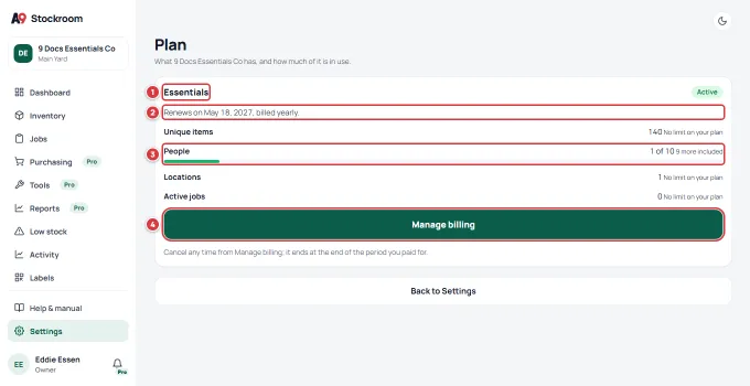 The Plan screen of a company on Essentials: the plan (1), the renewal date (2), People (3) and Manage billing (4).